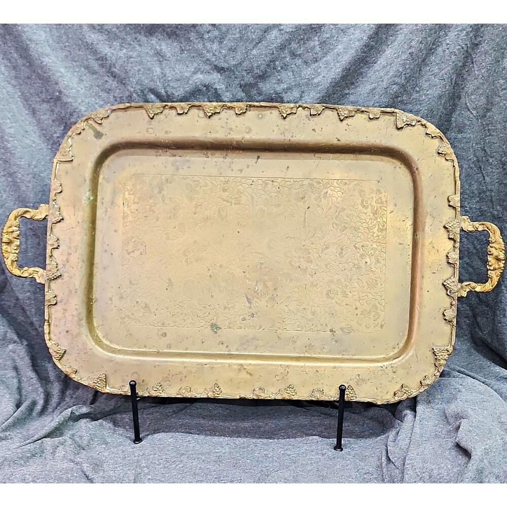 Brass (?) Rectangular Serving Tray w/ Handles Grapevine/Floral Pattern 24 x 14.5